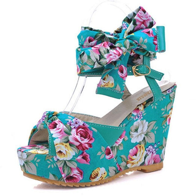wedges with ribbon ankle wrap