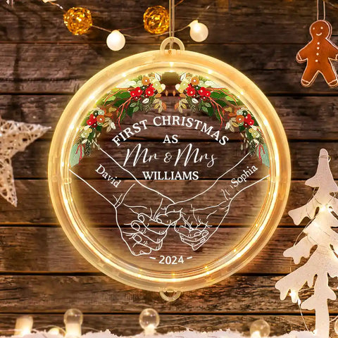 Holding Hands First Christmas As Mr & Mrs Couple - Personalized LED Pendant Light