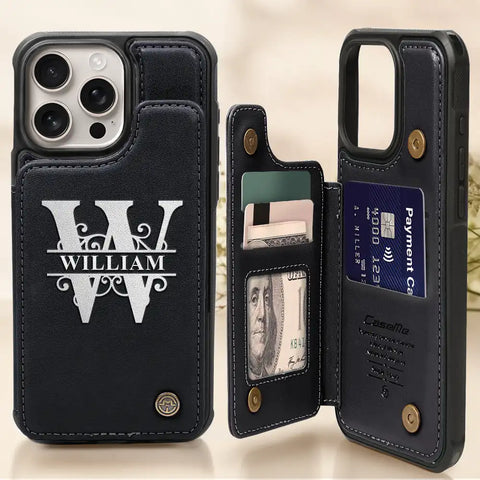 Monogram Initial - Personalized Leather Flip Wallet Phone Case
