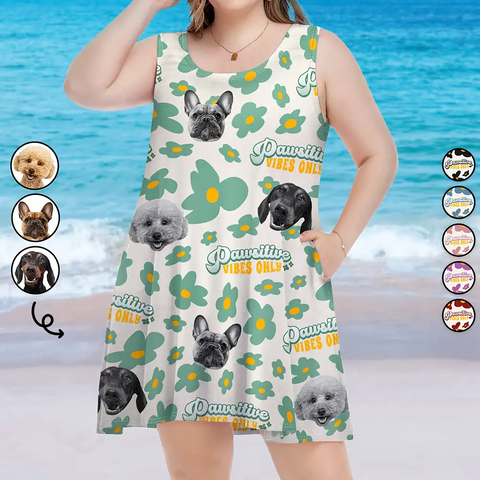 Custom Photo Pawsitive Vibes Only Summer Flowers - Personalized Sleeveless Tank Dress