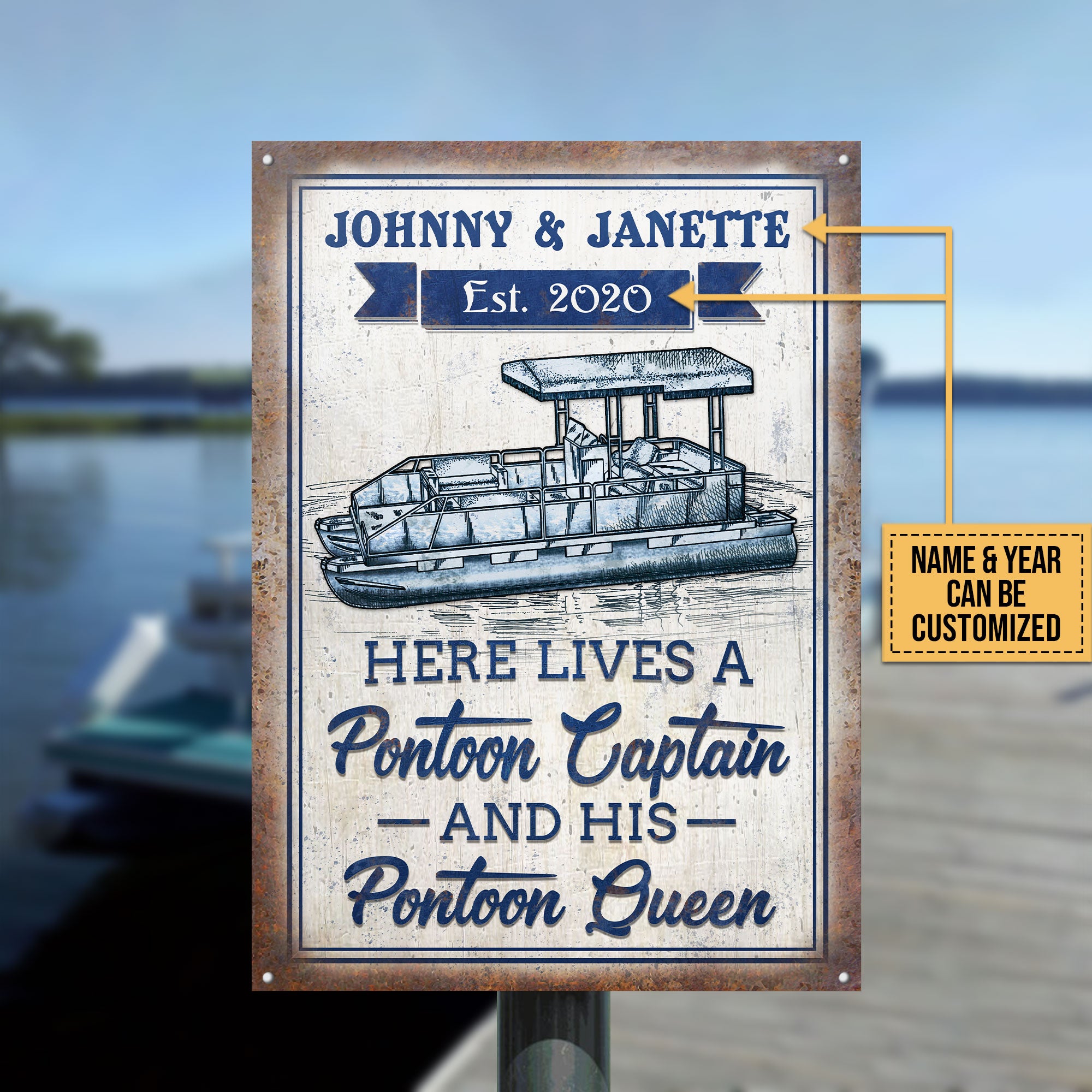 Personalized Pontoon Here Lives Customized Classic Metal Signs