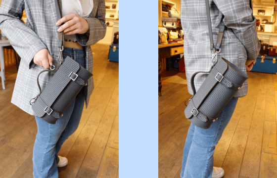 The Bowls Bag being worn on one shoulder as opposed to cross body