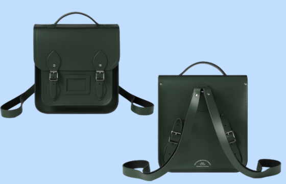 Front and back shots of the small portrait backpack in racing green colour