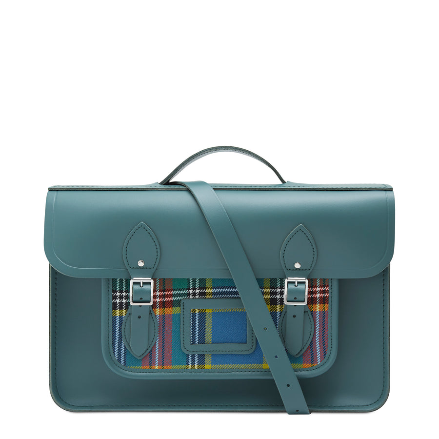 15 Inch Classic Batchel in Leather - Fir & Strome Macbeth Tartan | Cambridge Satchel