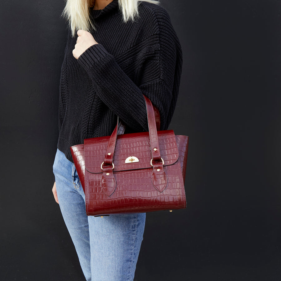 The Small Emily Tote Bag - Oxblood Patent Croc | Women's Leather Handbag