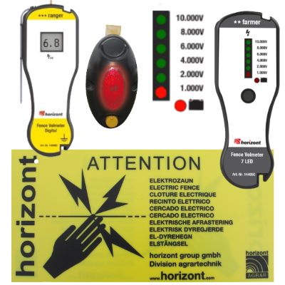 Testers and warning signs for an electric fence