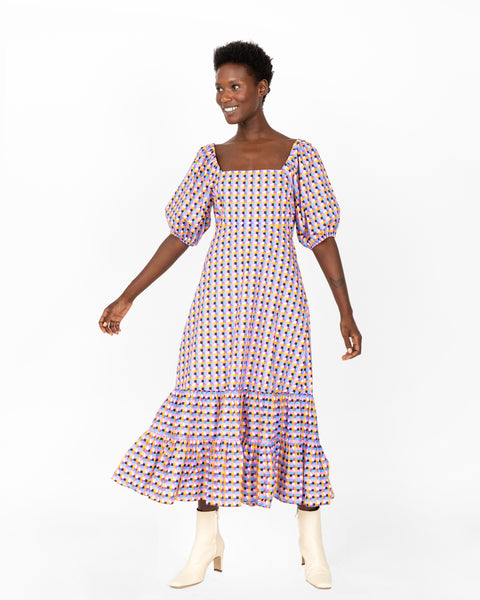 Summer Empire Waistline Puff Sleeves Sleeves Geometric Print Fitted Cutout Tiered Hidden Side Zipper Open-Back Fit-and-Flare Midi Dress With Ruffles