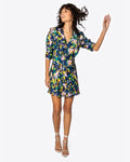 V-neck Shirred Fitted Side Zipper Fit-and-Flare Floral Print Flutter Sleeves Short Dress With Ruffles