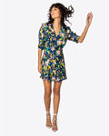 V-neck Short Fit-and-Flare Floral Print Flutter Sleeves Fitted Side Zipper Shirred Dress With Ruffles