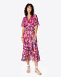 V-neck Floral Print Wrap Side Zipper Flutter Sleeves Midi Dress With Ruffles