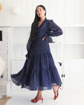 Fall Elasticized Natural Waistline Button Closure Sheer Collared Smocked Midi Dress With Ruffles and Pearls