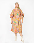 A-line V-neck Wrap Pocketed Snap Closure Spring Puff Sleeves Sleeves General Print Midi Dress