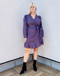 Tie Waist Waistline Short Wrap Belted Self Tie Fitted Plaid Print Puff Sleeves Sleeves Fit-and-Flare Dress With a Bow(s) and Ruffles
