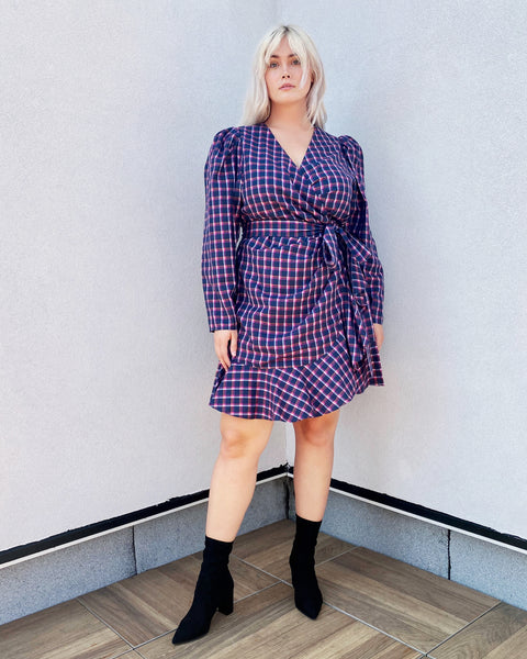 Puff Sleeves Sleeves Fit-and-Flare Tie Waist Waistline Short Plaid Print Fitted Wrap Self Tie Belted Dress With a Bow(s) and Ruffles