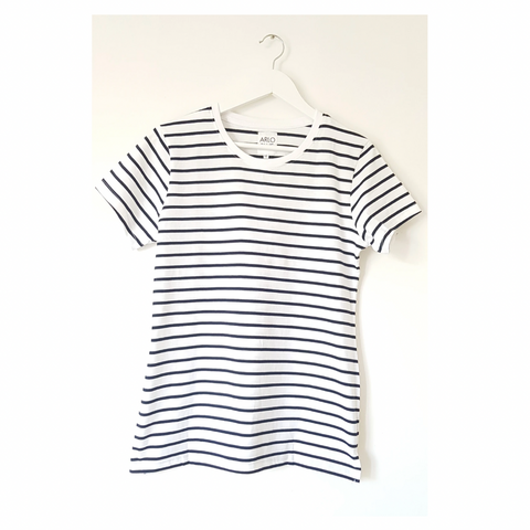 Or maybe you’d prefer longer-line striped tee.