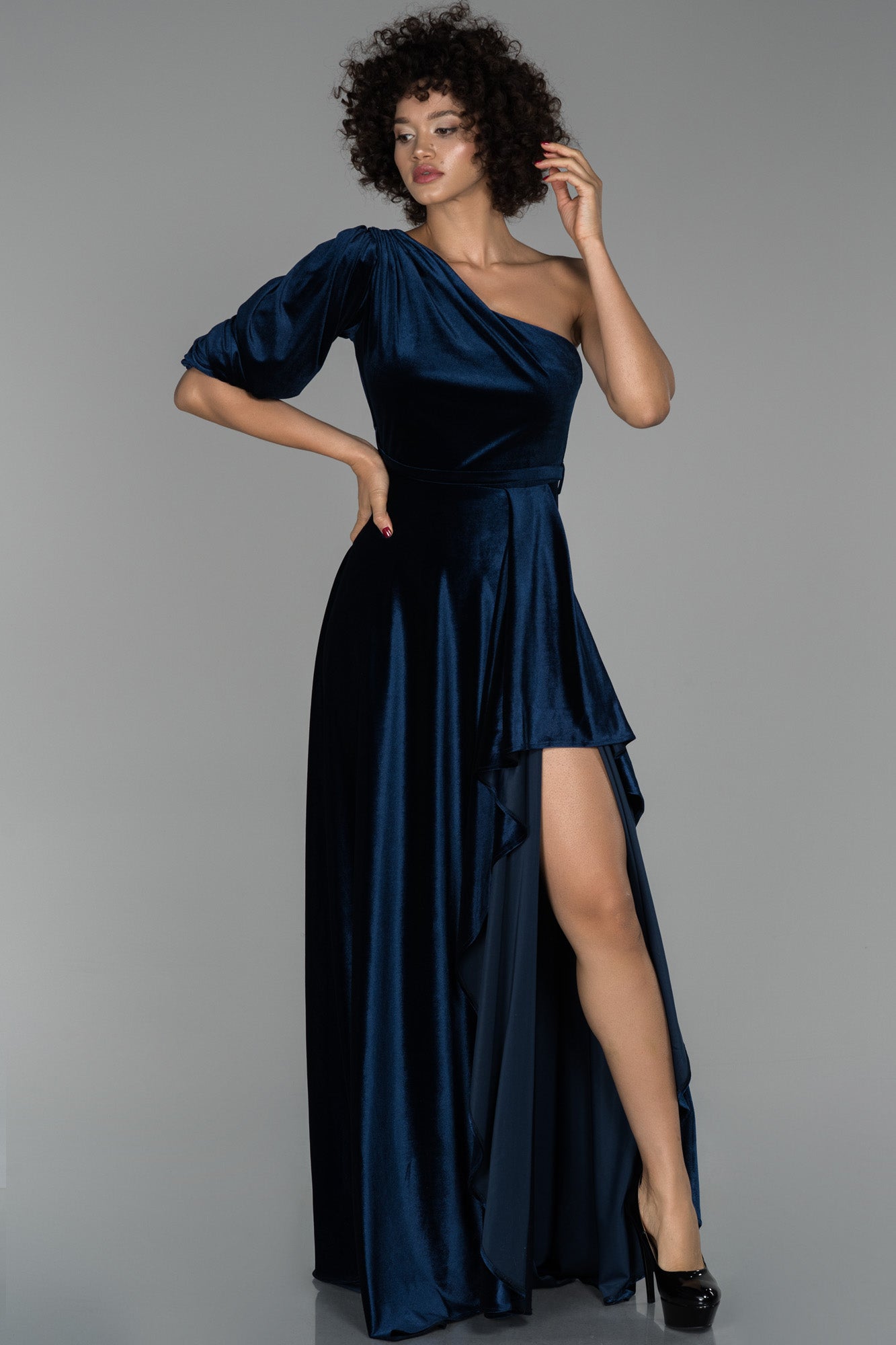 8318298 Navy Blue One Shoulder Velvet Slit Dress | AMP