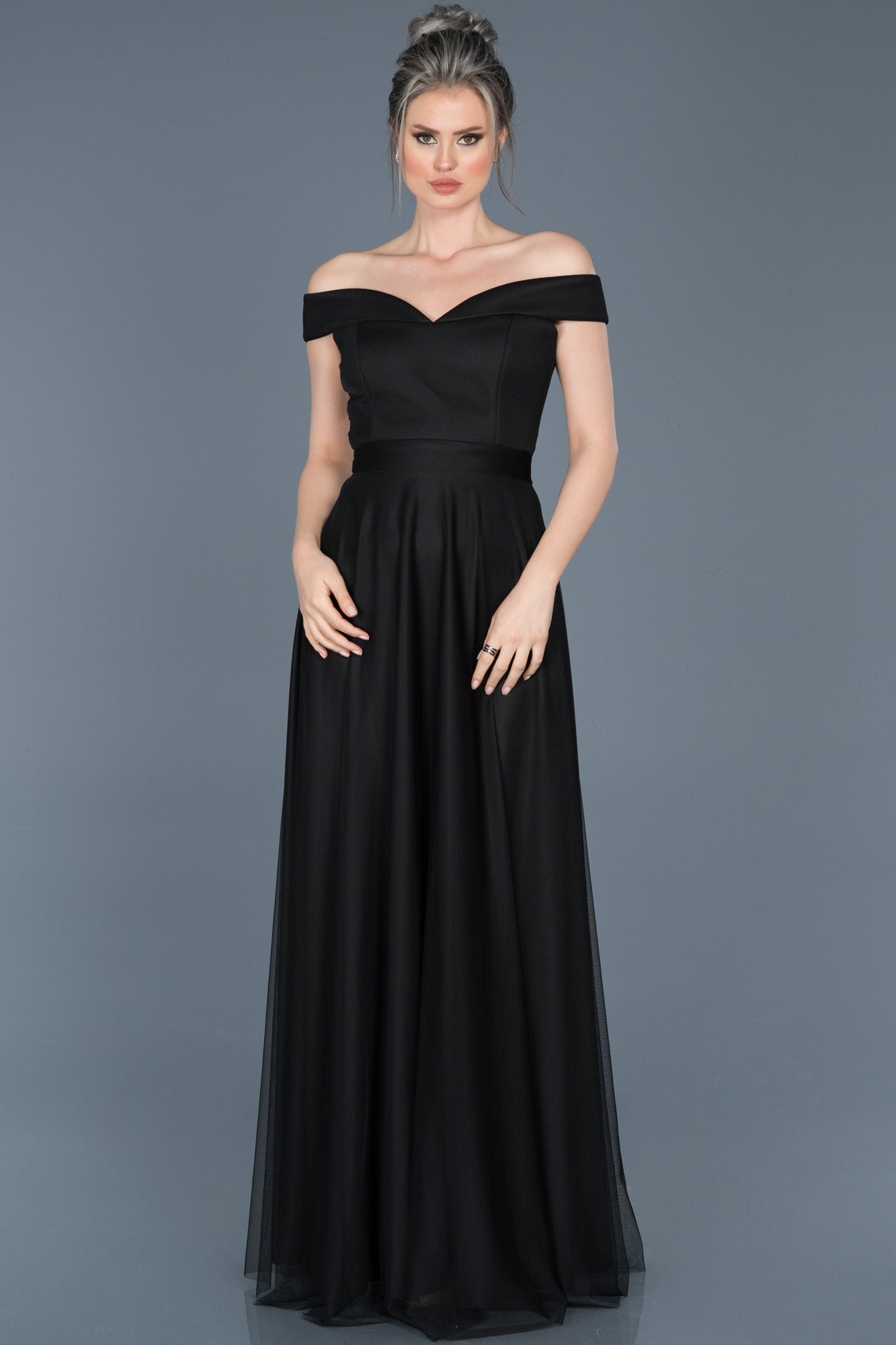 18517291 Black Off-Shoulder Tulle Evening Dress | AMP