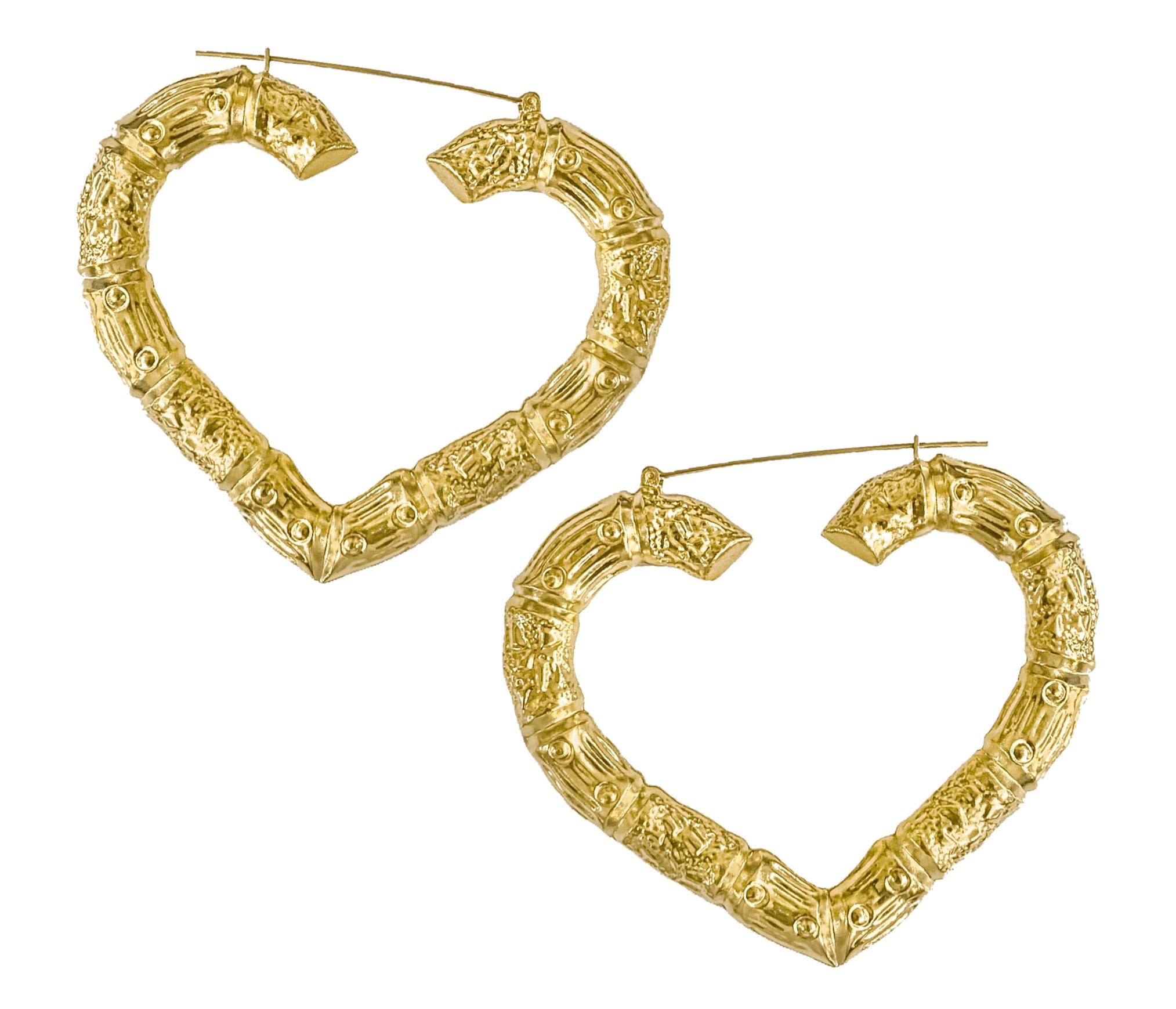 2 Heart Bamboo Hoop Earrings 10K Yellow Gold