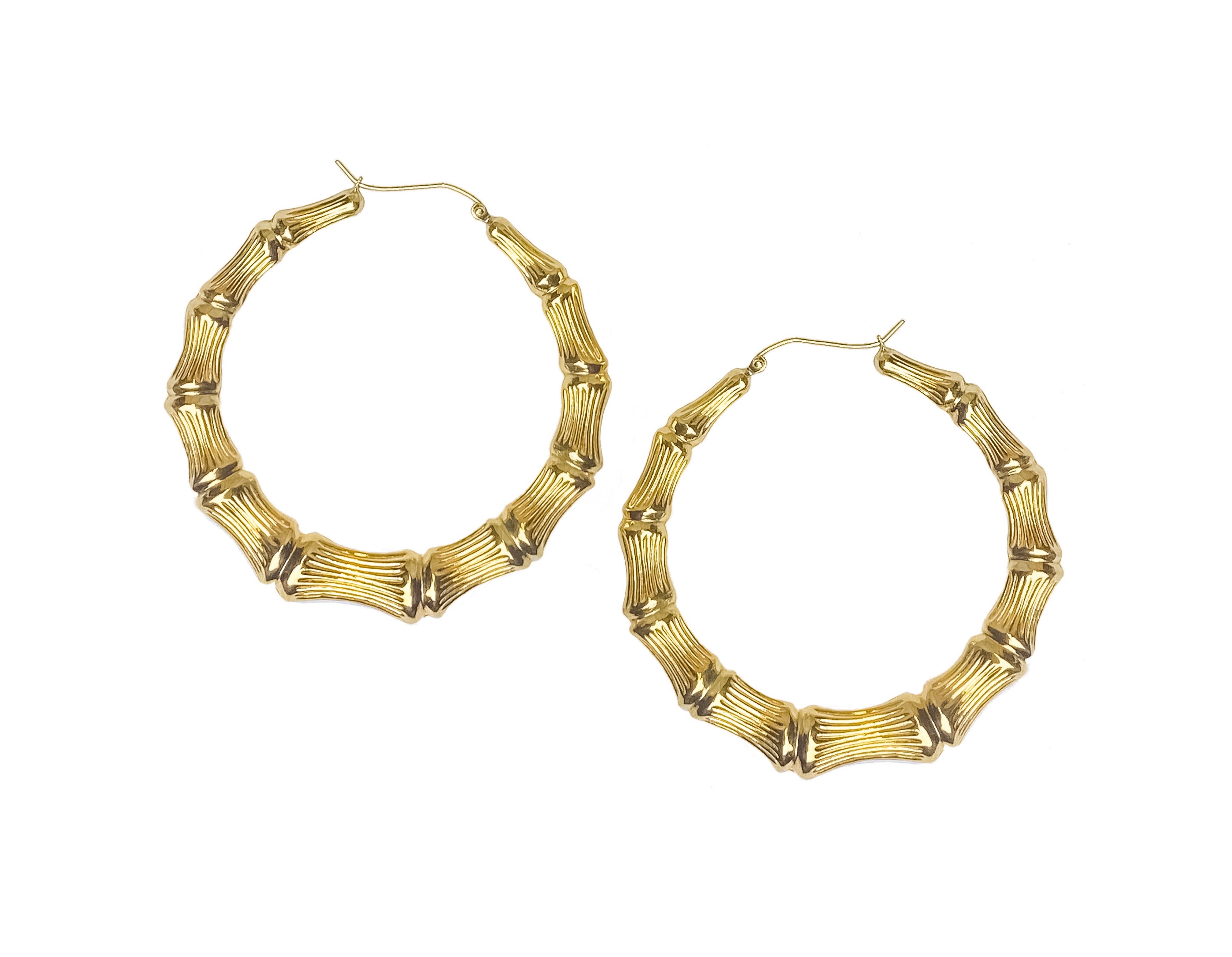 10K YELLOW GOLD HEART BAMBOO HOOPS -LARGE