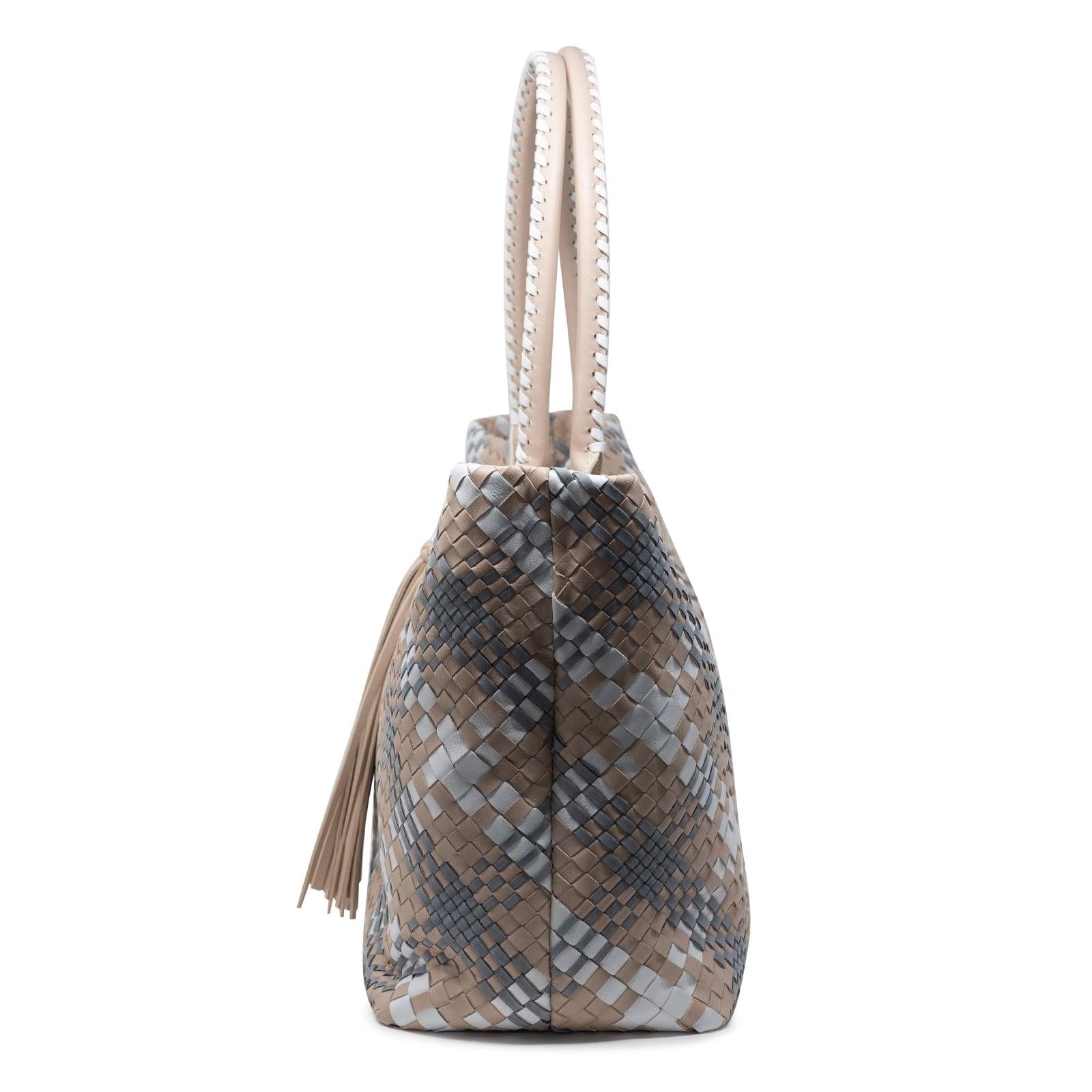 Sophia Maxi Zippered Intrecciato Scozzese Bag in Nude, White and Grey ...