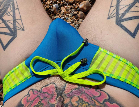 Blue trunks, supergayunderwear, the wesley, gay swimwear,bulge, Mens Swimwear, neon, trunks, mesh panel, drawstring waist.