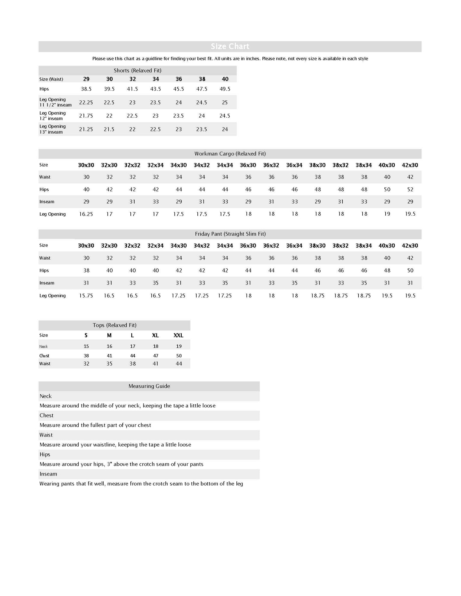 Size Chart WearFirst | WearFirst