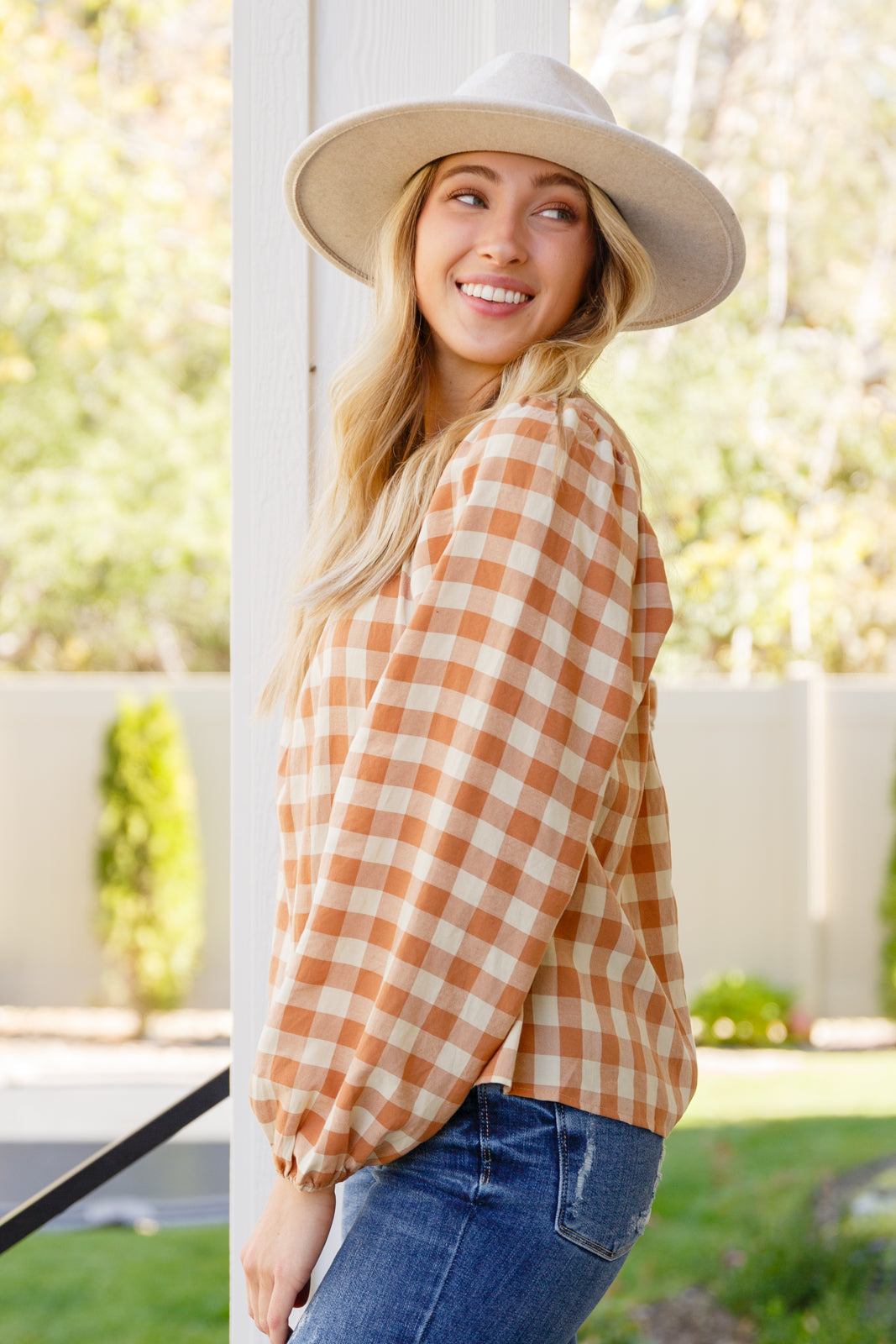 *Online Exclusive* One Fine Afternoon Gingham Plaid Top In Caramel