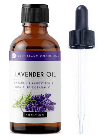 amber glass bottle of lavender essential oil with dropper on the side