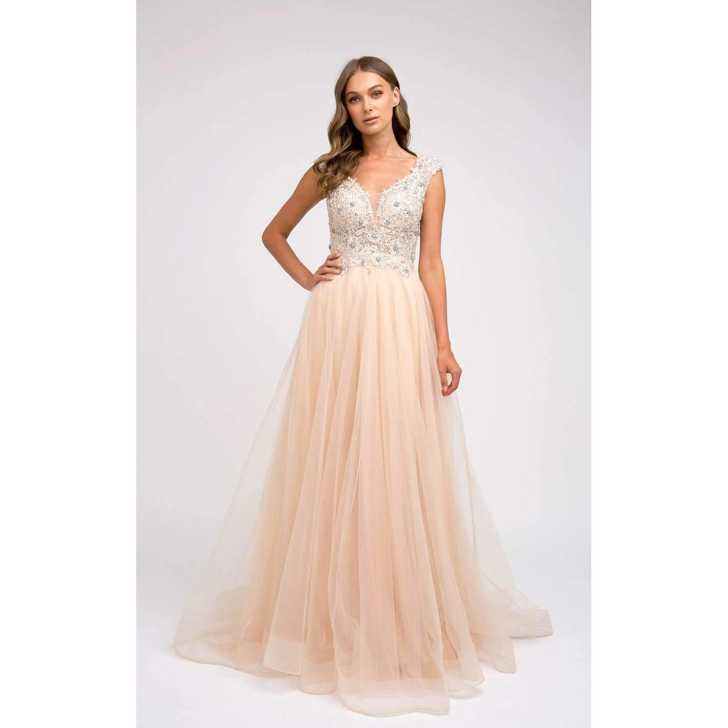 embroidered illusion plunge ball gown