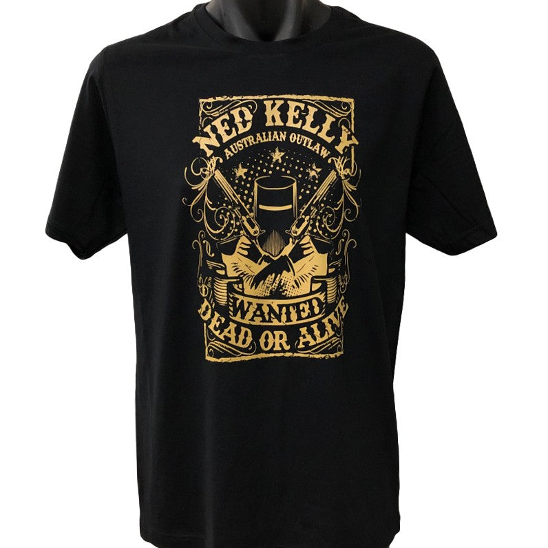 Ned Kelly Wanted Dead or Alive T-Shirt (Black, Gold Print, Regular and ...