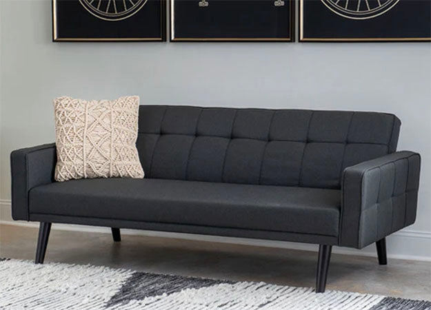 sawyer gray fabric upholstered futon sofa bed