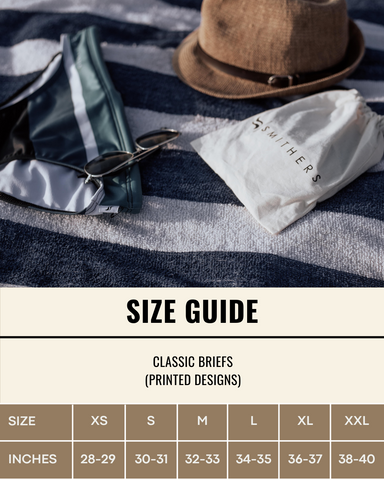 2024 Smithers sizing chart and fit guide for our classic swim briefs