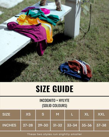 The refreshed size guide for our Incognito and Hylyte swim briefs.