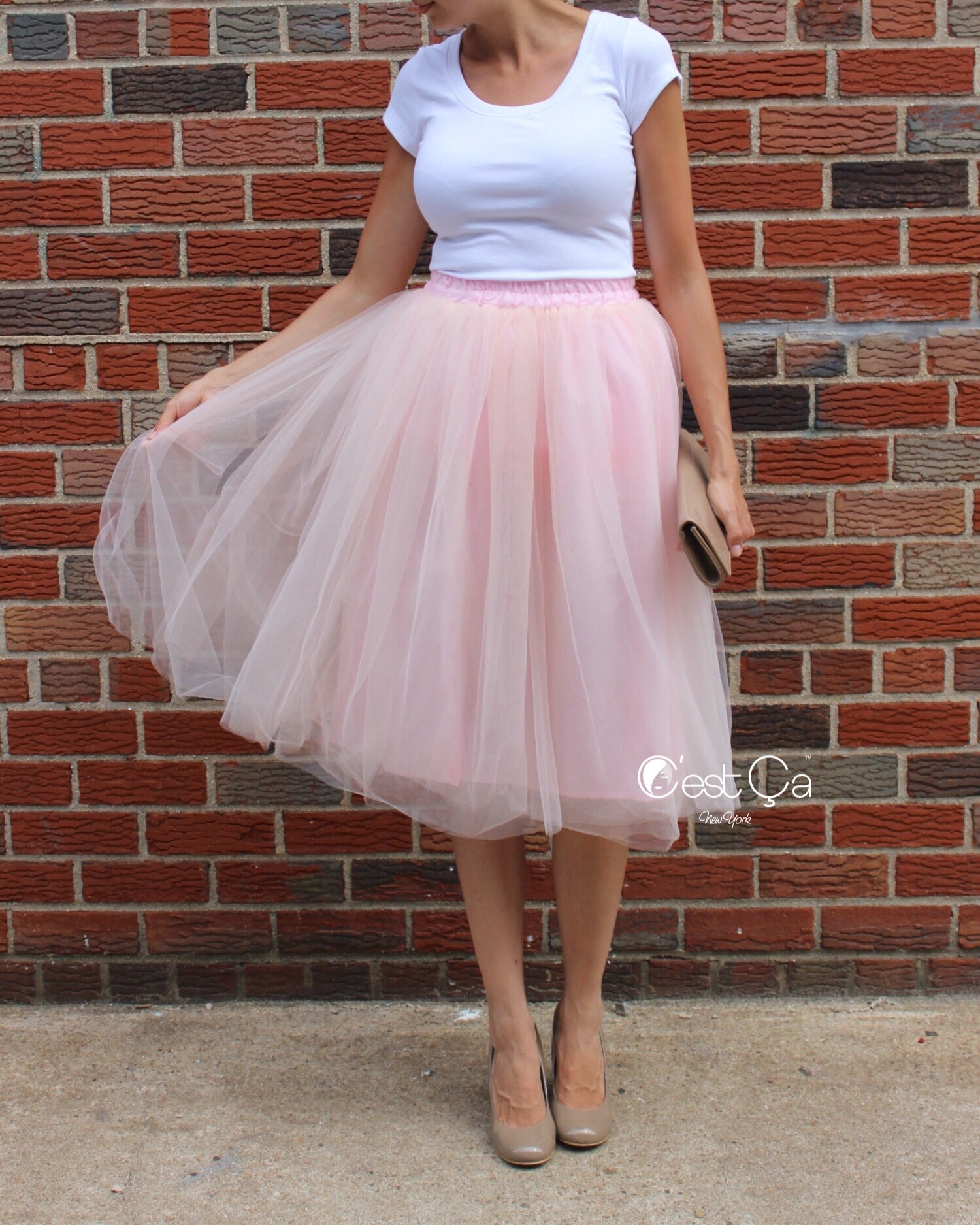 Claire Blush Pink Soft Tulle Skirt - Below Knee Midi – C'est Ça New York