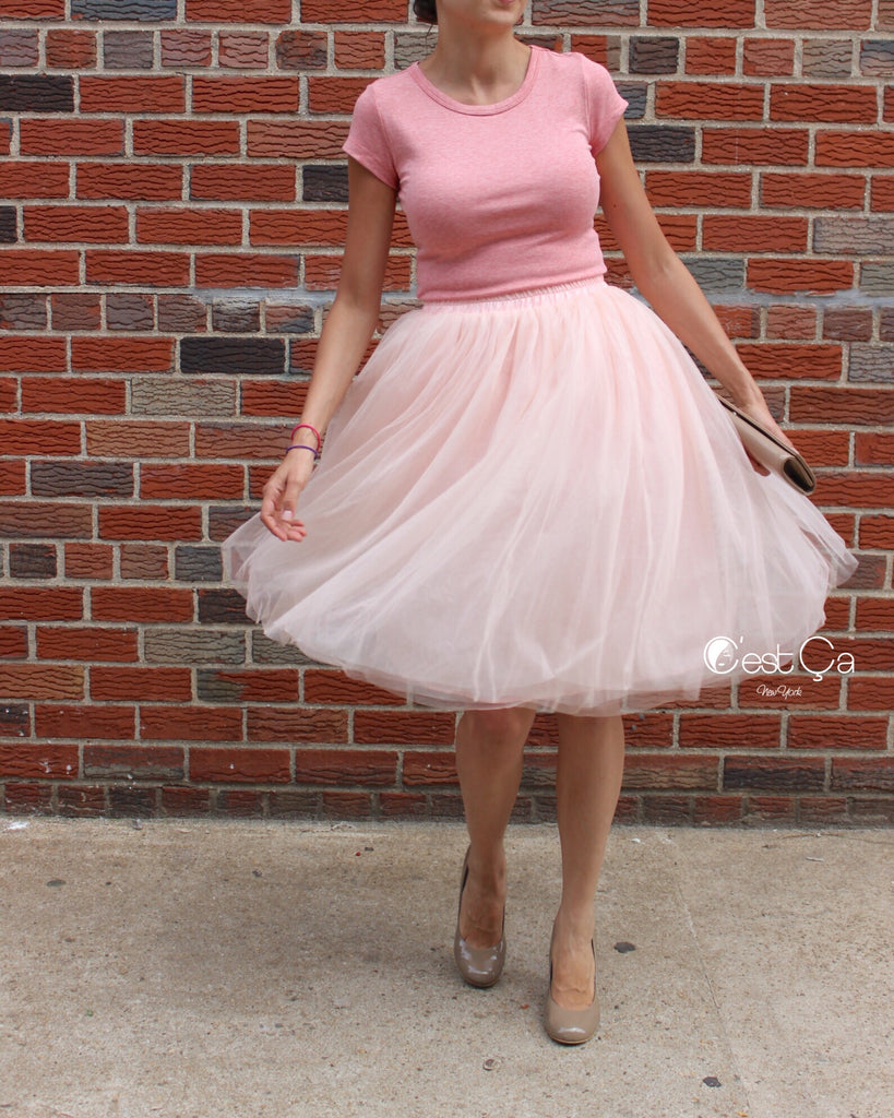 Claire Blush Pink Shimmery Soft Tulle Skirt - Midi – C'est Ça New York