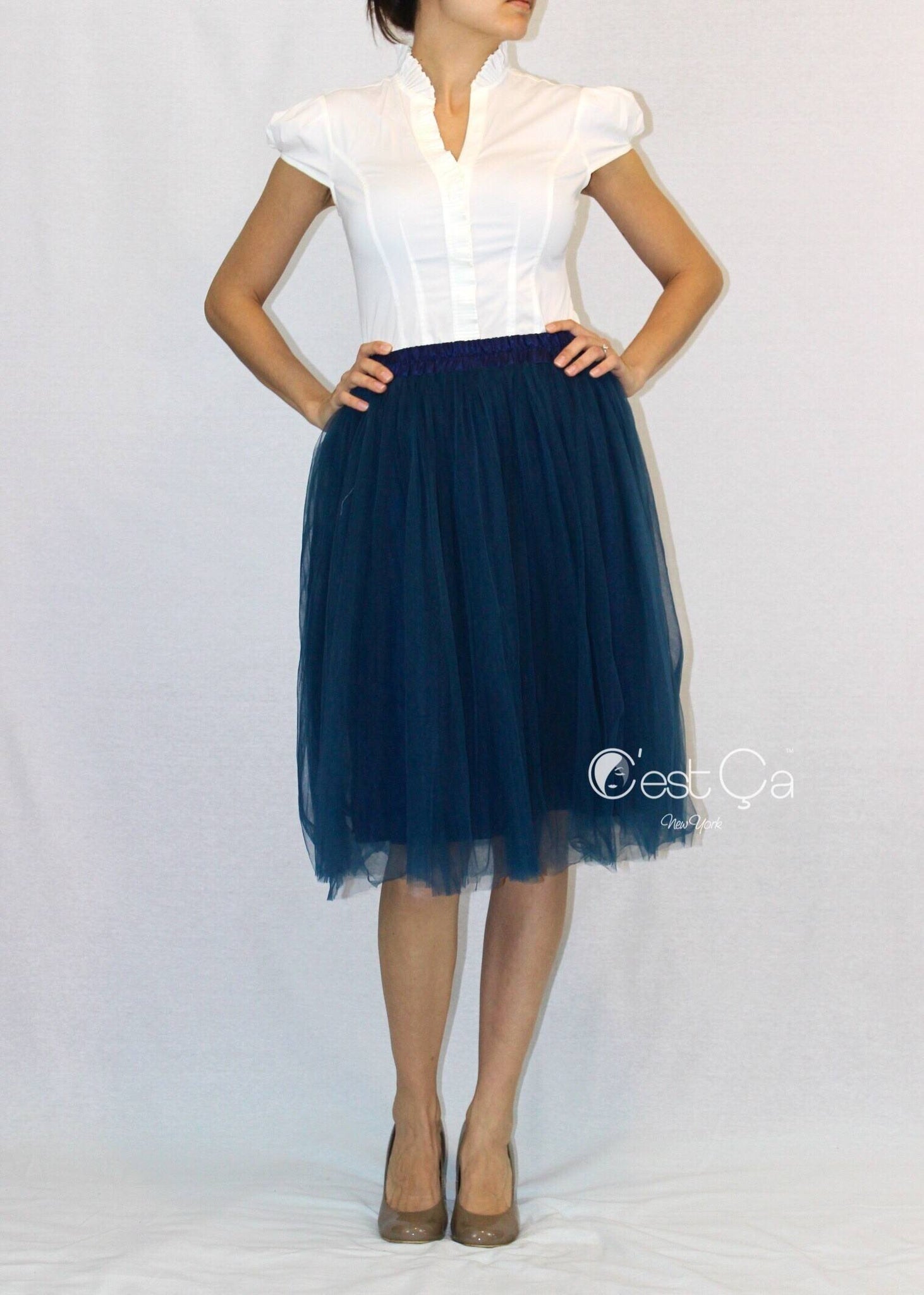 Claire Navy Blue Soft Tulle Skirt - Below Knee Midi – C'est Ça New York