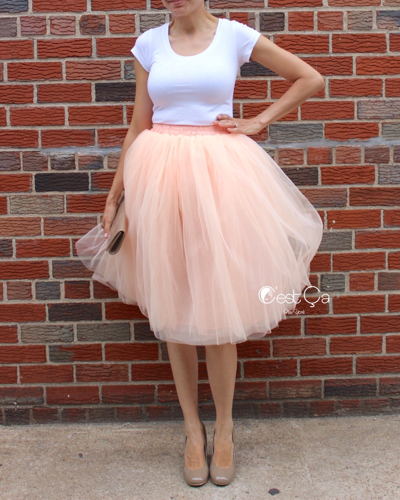 Claire Blush Peach Soft Tulle Skirt Below Knee Midi Cest Ça New York 