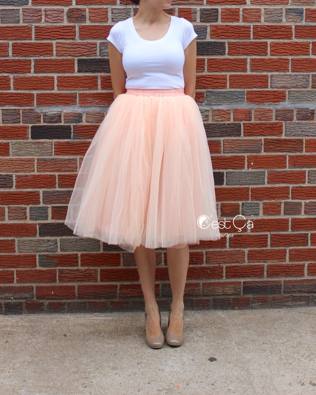 Claire Blush Peach Soft Tulle Skirt Below Knee Midi Cest Ça New York 6001