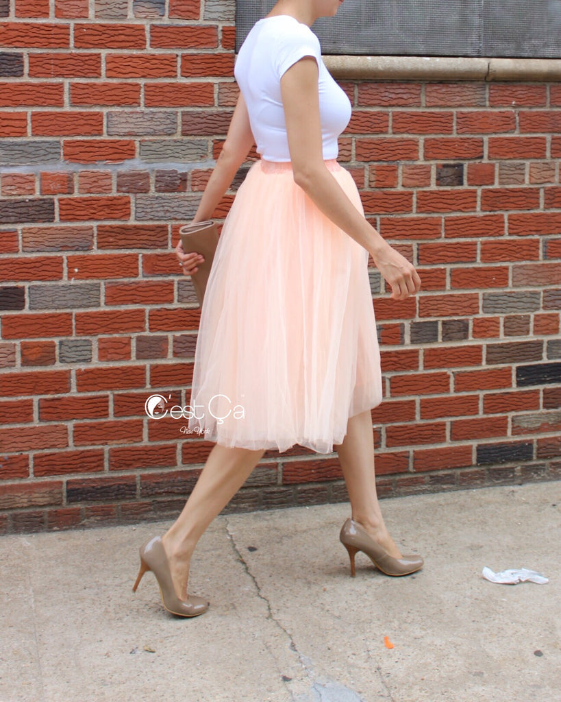 Claire Blush Peach Soft Tulle Skirt - Below Knee Midi – C'est Ça New York