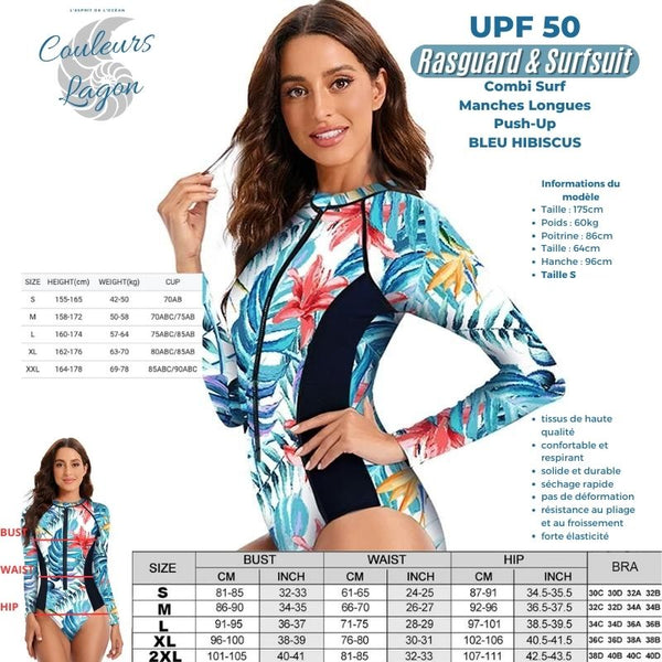 tailles - Couleurs Lagon - Combi Surf Manches Longues Push-Up Zip Avant Floral Palmier BLEU HIBISCUS