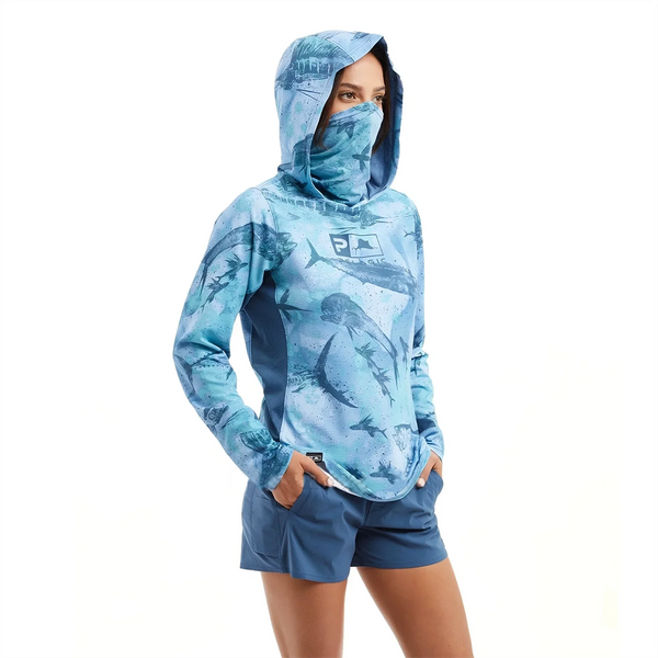 Bleu Pelagic cc - Couleurs Lagon - Chemise de Pêche Respirante Lycra Manches Longues UV50+ PELAGIC Capuche Femmes