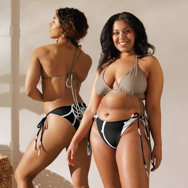 dos et avant - Bas de Bikini String Doublé Noir Recyclé UPF50+ Nautile - Couleurs Lagon