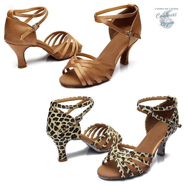 cher clair & leopard - Chaussures Danse Latine Pro Satin 7cm - Couleurs Lagon