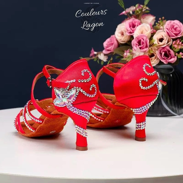 rouge arrière - Chaussures Danse Latine Professionnelle Satin et Strass Talon 7cm - Couleurs Lagon