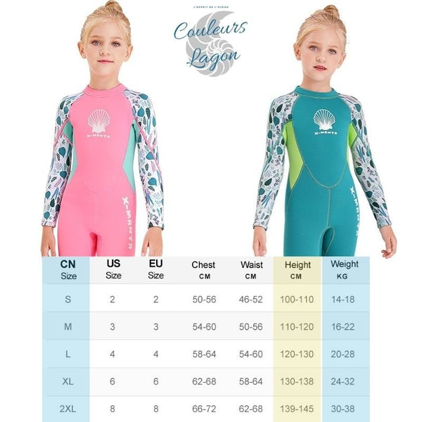 tailles - Combinaison Néoprène Enfants 2,5mm UPF50+ Zip Dorsal Coquillage - Couleurs Lagon