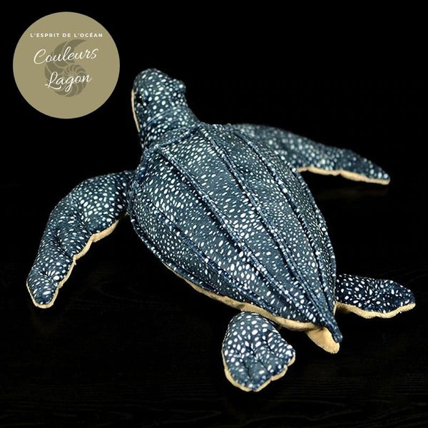 1/4 arrière de dessus - Jouet Peluche Tortue Luth Bleu de Mer Réaliste 30cm - Couleurs Lagon