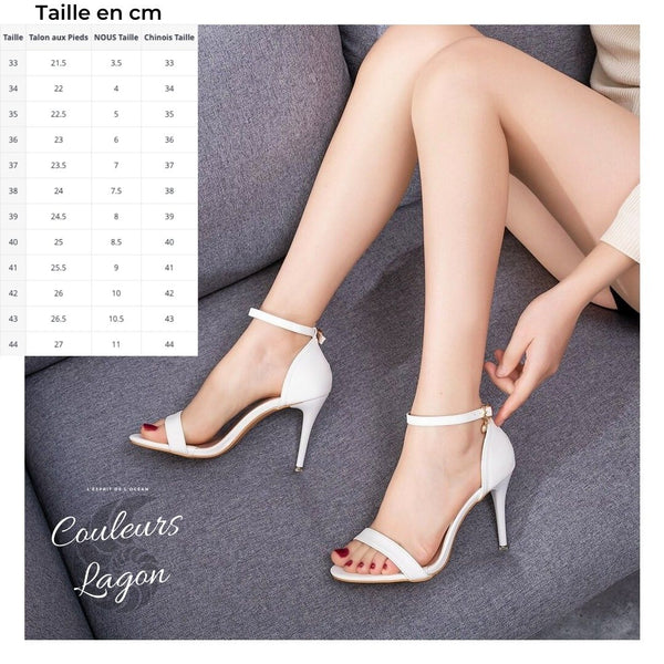 Tableau des tailles - Talon Aiguille Simili Cuir Blanc Bande Etroite Talon Fin T5-11cm - Couleurs Lagon