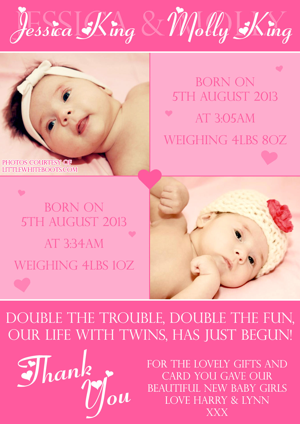 Boy Girl Twins New Born Baby Birth Announcement Photo Cards Personalis - YellowBlossomDesignsLtd
