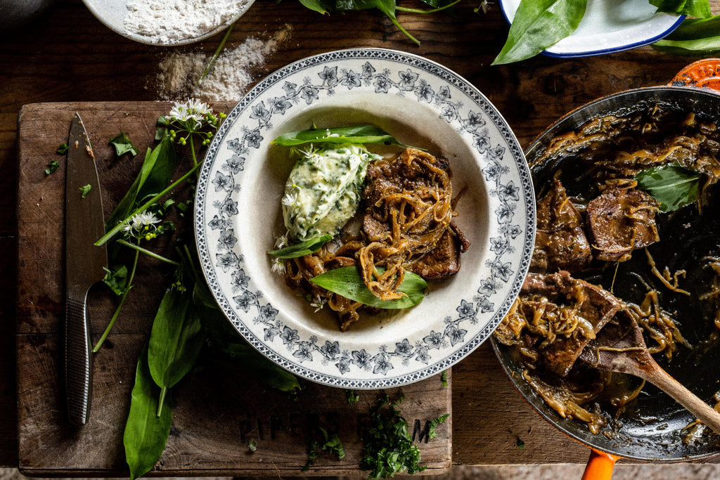 Spring Foraging Recipe | Pipers Farm The Journal Recipes | Grass Fed Beef Ox Liver & Onions with Wild Garlic Mash