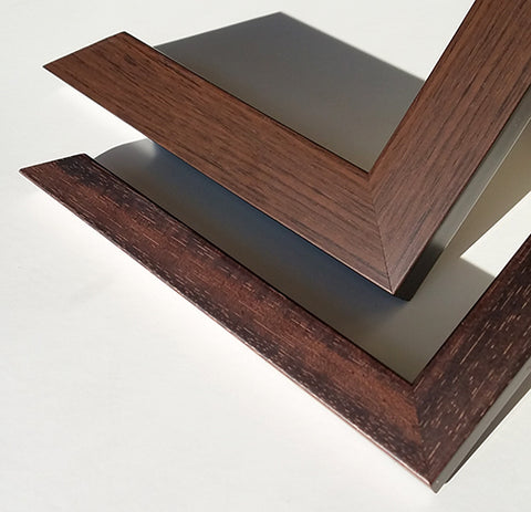 Custom/Archival Walnut Finish Frames: Brown Color with Wood Texture; Thicker Intermediate/Large Frame on Top, Thinner Small/Medium Frame on Bottom